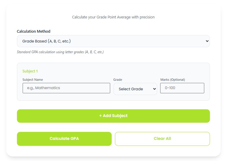 High school GPA calculator interface showing grade inputs
