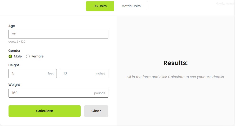 BMI calculator interface with height and weight input fields