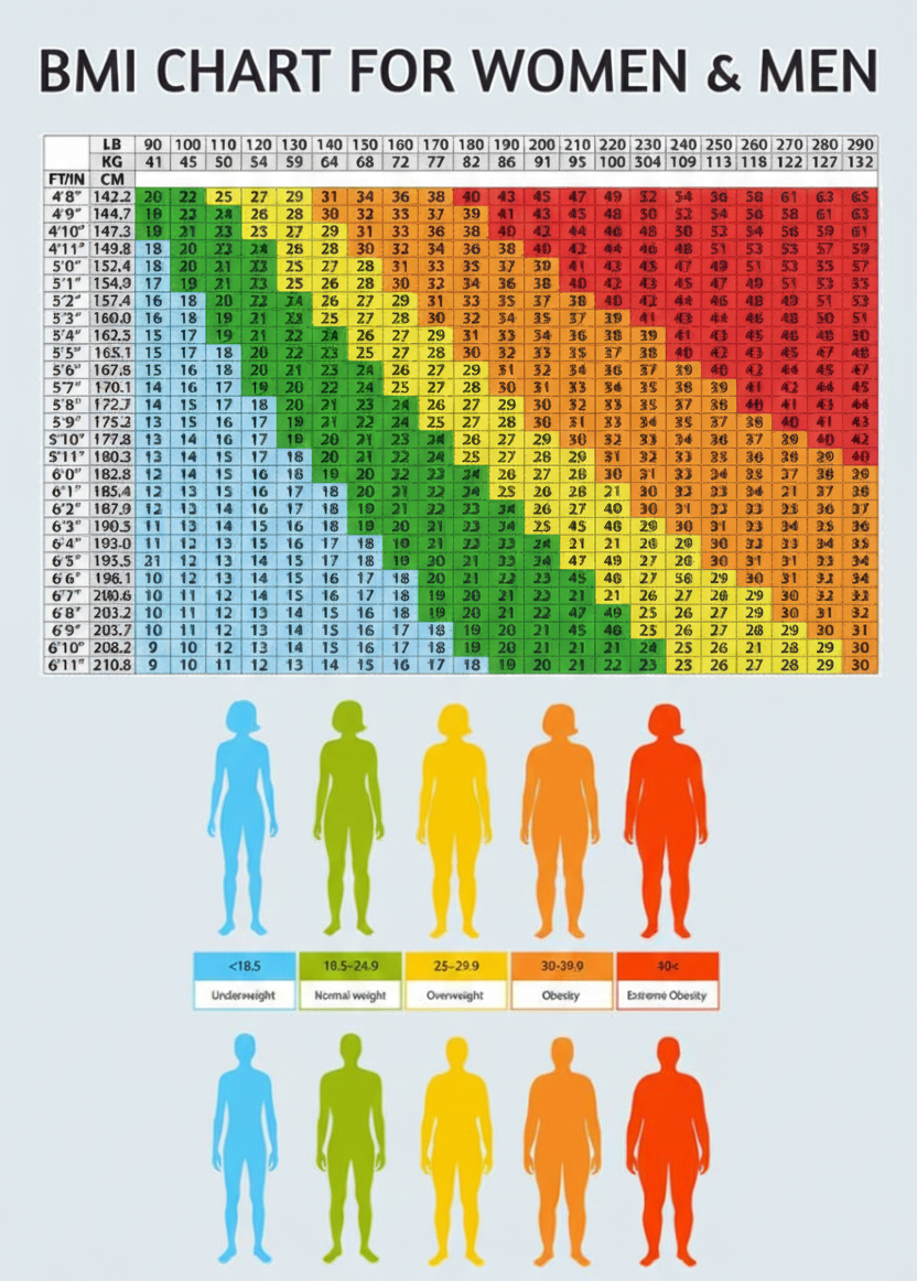 BMI chart showing weight categories from underweight to obese with color-coded ranges